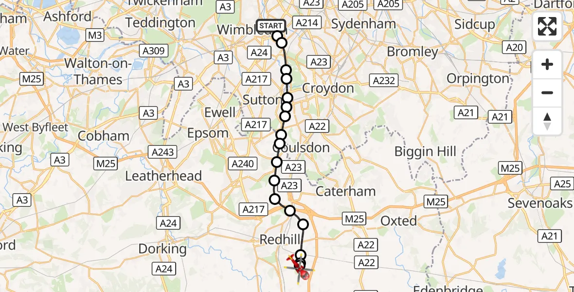 Flight route Air Ambulance Helicopter St Georges Hospital - Redhill Aerodrome, 09 August 2026, 16:21