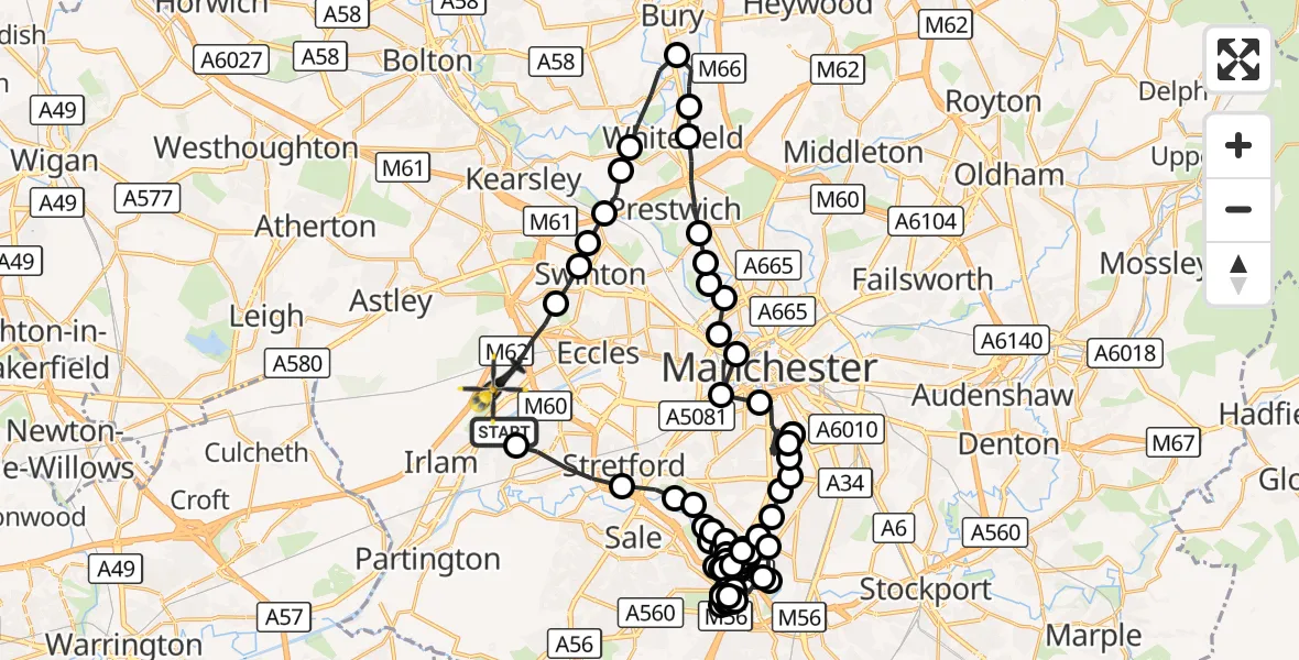 Flight route Police Helicopter Flixton - Worsley, 09 August 2026, 16:25