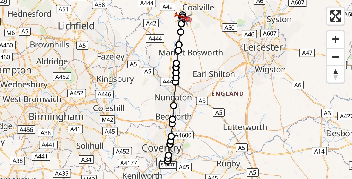 Flight route Air Ambulance Helicopter Coventry Airport - Heather, 09 August 2026, 16:33