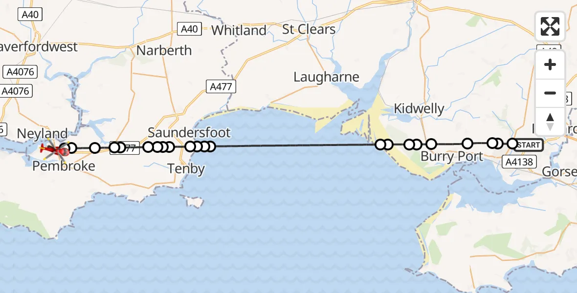Flight route Air Ambulance Helicopter Dafen - Pembroke Dock, 09 August 2026, 16:42