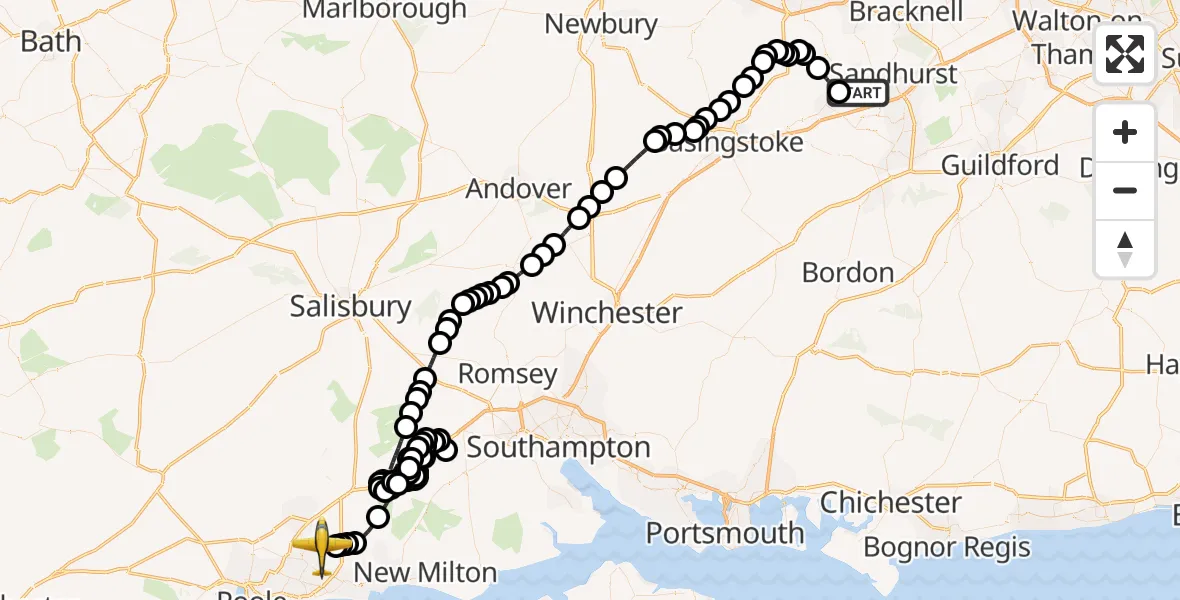 Flight route Police Aircraft Blackbushe Airport - Bournemouth Airport, 09 August 2026, 16:52