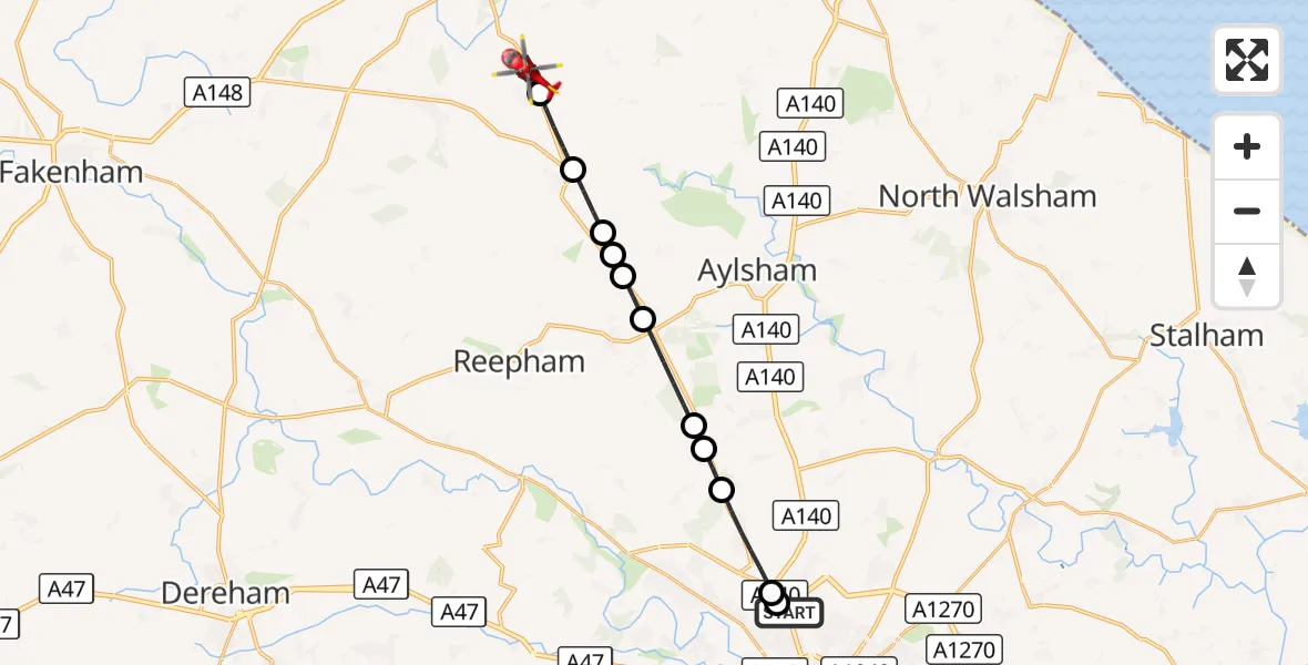 Flight route Air Ambulance Helicopter Norwich Airport - Edgefield, 09 August 2026, 16:53