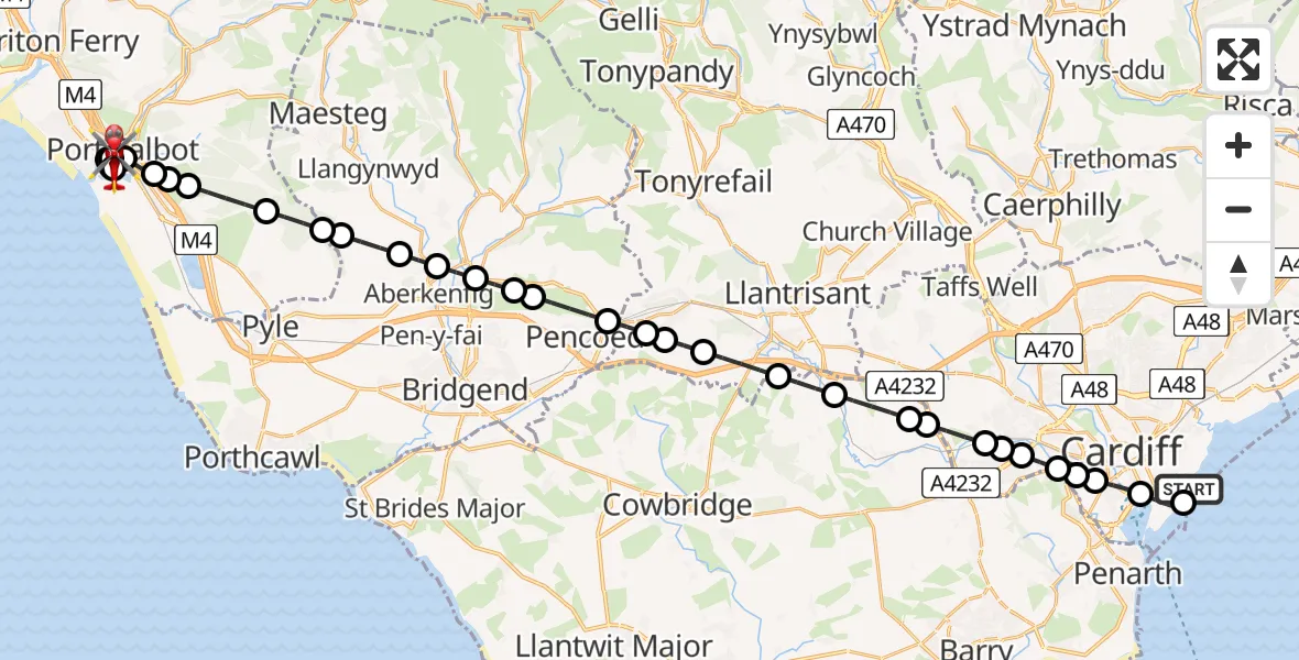 Flight route Air Ambulance Helicopter Cardiff Heliport - Margam Moors, 09 August 2026, 16:55