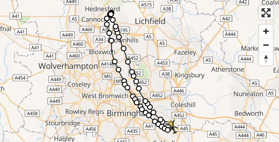 Flight route Police Helicopter Sheldon - Birmingham Airport, 09 August 2026, 17:15
