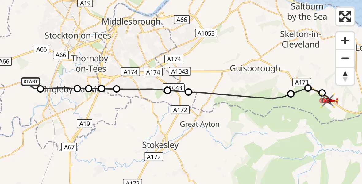 Flight route Air Ambulance Helicopter Egglescliffe - Moorsholm, 09 August 2026, 17:16