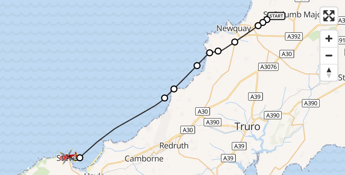 Flight route Air Ambulance Helicopter Cornwall Airport Newquay - St. Ives, 09 August 2026, 17:24