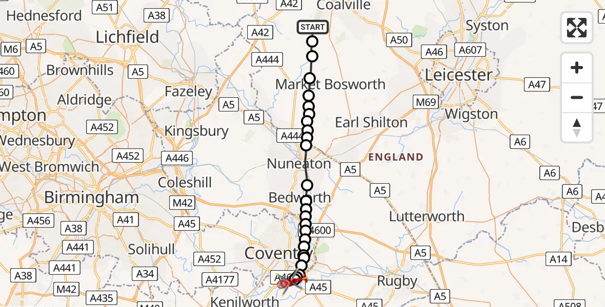 Flight route Air Ambulance Helicopter Heather - Coventry Airport, 09 August 2026, 17:27