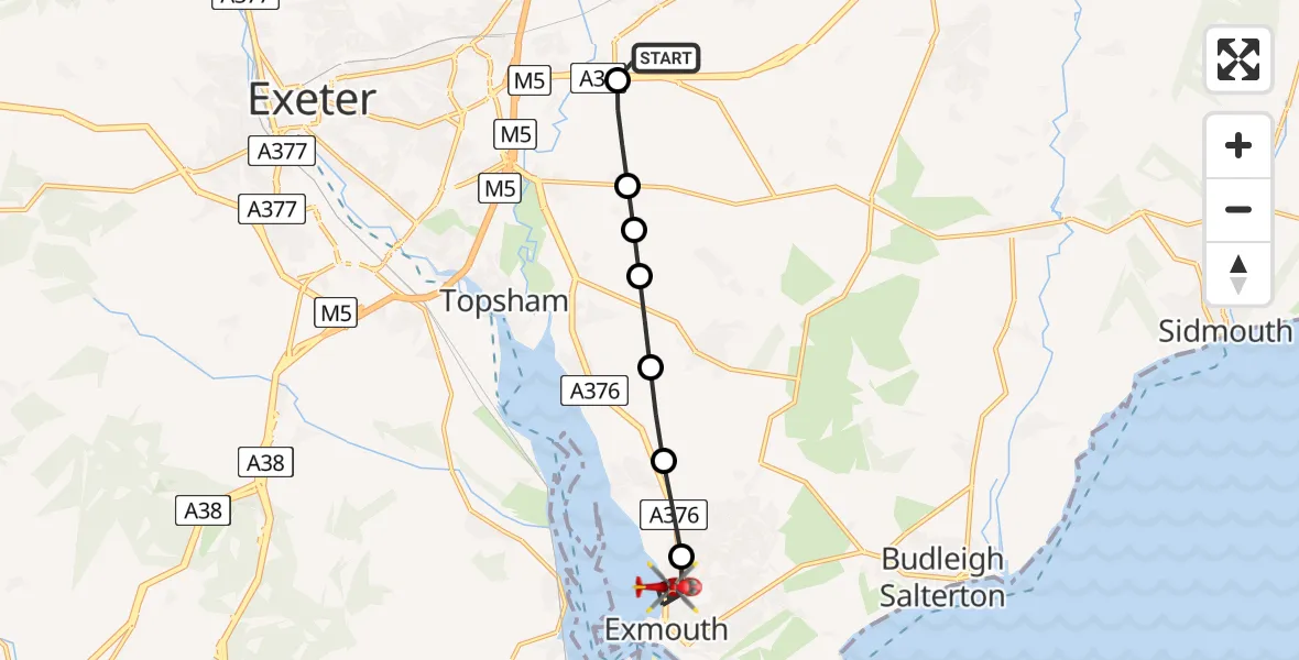 Flight route Air Ambulance Helicopter Exeter International Airport - Exmouth, 09 August 2026, 17:39