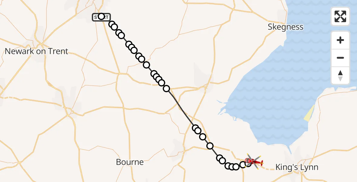 Flight route Air Ambulance Helicopter RAF Waddington - Sutton Bridge, 09 August 2026, 17:41