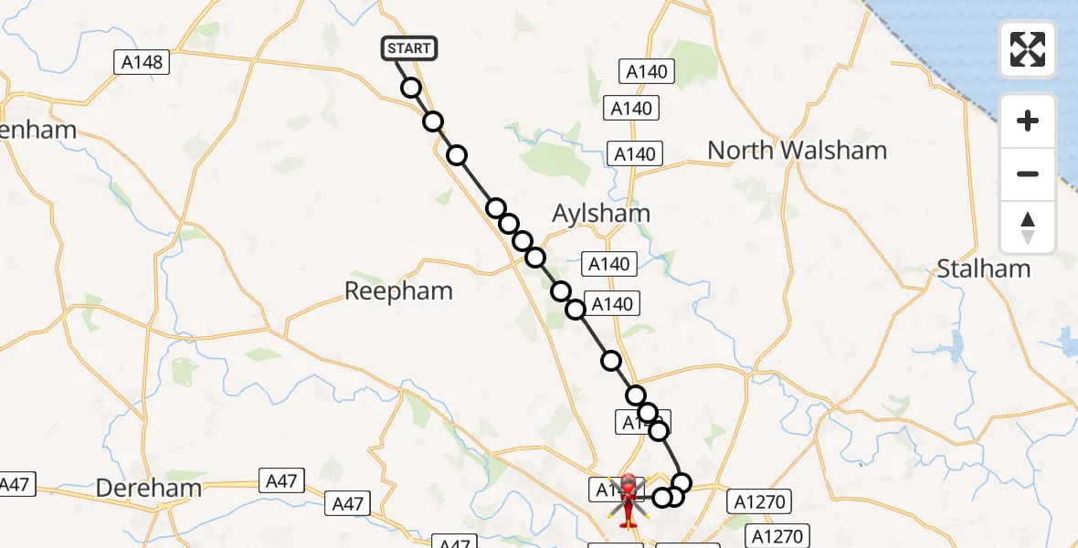 Flight route Air Ambulance Helicopter Edgefield - Norwich Airport, 09 August 2026, 17:47