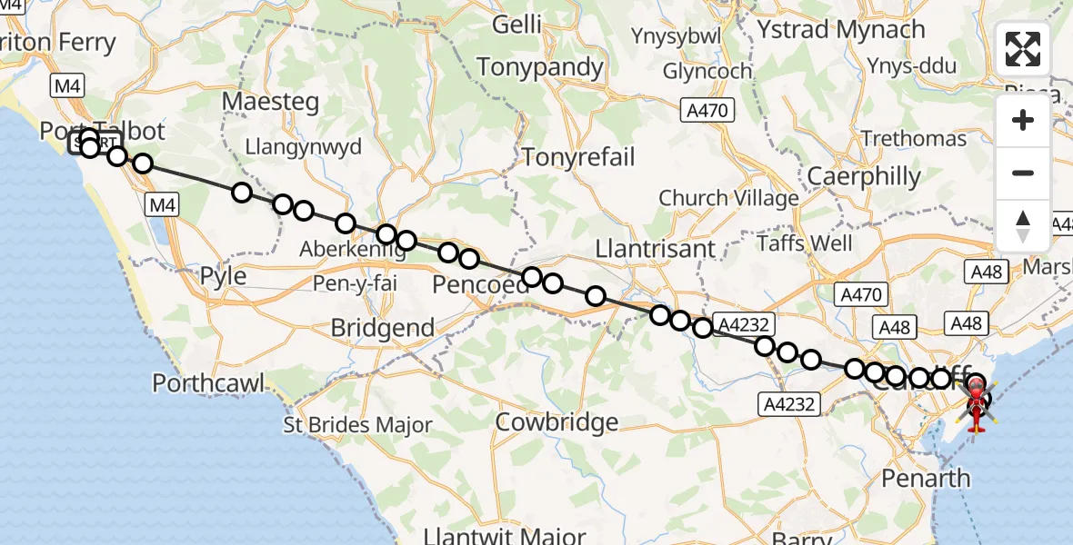 Flight route Air Ambulance Helicopter Margam Moors - Cardiff Heliport, 09 August 2026, 17:57