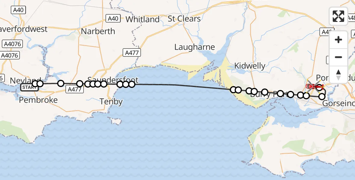 Flight route Air Ambulance Helicopter Pembroke Dock - Dafen, 09 August 2026, 18:22