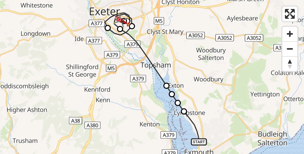 Flight route Air Ambulance Helicopter Exmouth - Royal Devon & Exeter Hospital, 09 August 2026, 18:30
