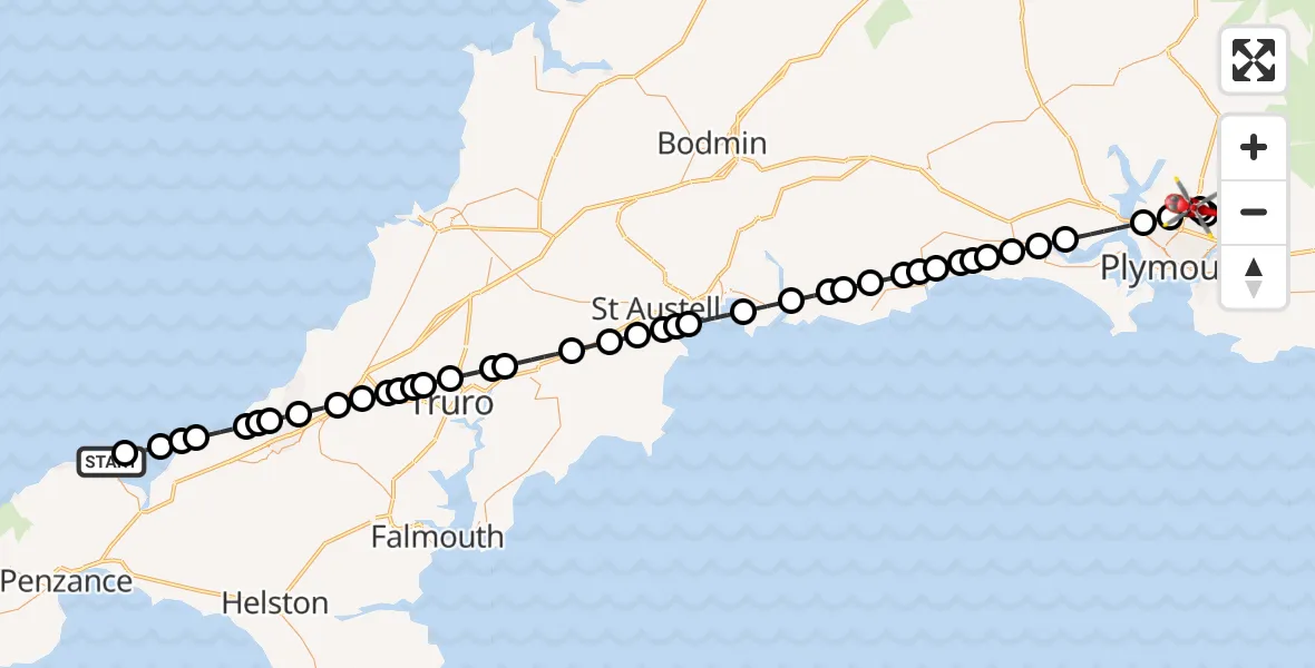 Flight route Air Ambulance Helicopter St. Ives - Derriford Hospital, 09 August 2026, 18:30