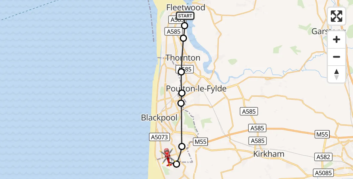 Flight route Air Ambulance Helicopter Fleetwood - Blackpool Airport, 09 August 2026, 18:32