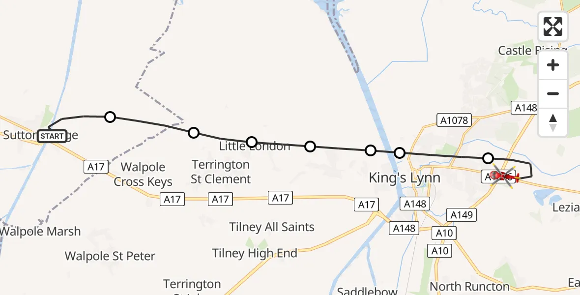 Flight route Air Ambulance Helicopter Sutton Bridge - King's Lynn and West Norfolk, 09 August 2026, 18:34