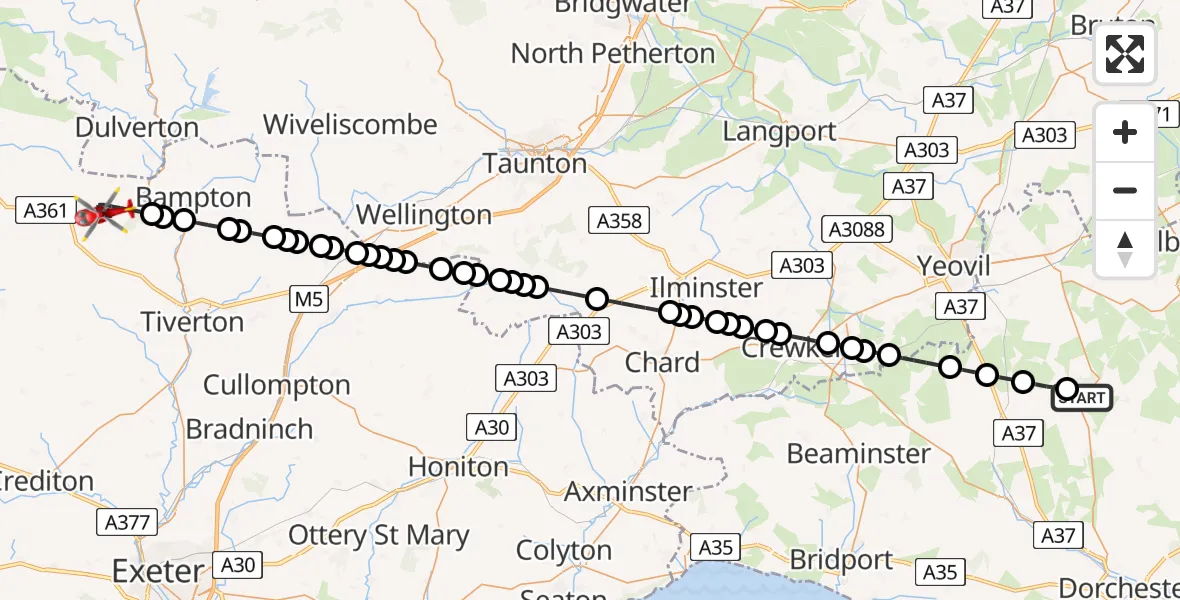 Flight route Air Ambulance Helicopter Minterne Magna - Oakford, 09 August 2026, 18:36
