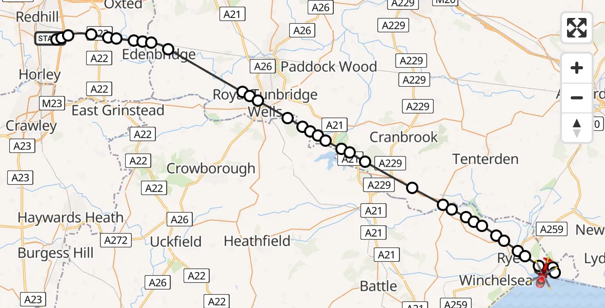 Flight route Air Ambulance Helicopter Redhill Aerodrome - Camber, 09 August 2026, 18:38