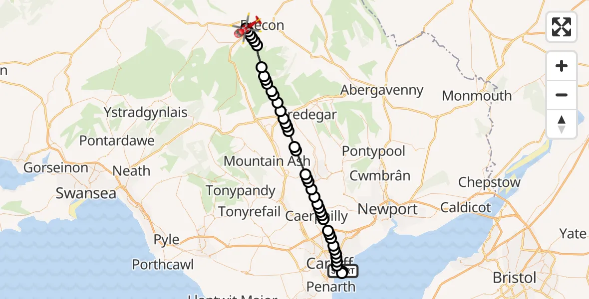 Flight route Air Ambulance Helicopter Cardiff Heliport - Llanspyddid, 09 August 2026, 18:42
