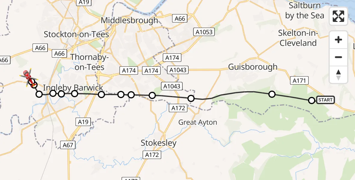 Flight route Air Ambulance Helicopter Moorsholm - Egglescliffe, 09 August 2026, 18:44