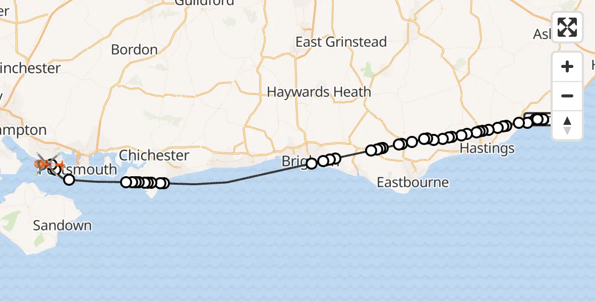 Flight route Coastguard Helicopter Camber - Solent Airport, 09 August 2026, 18:44