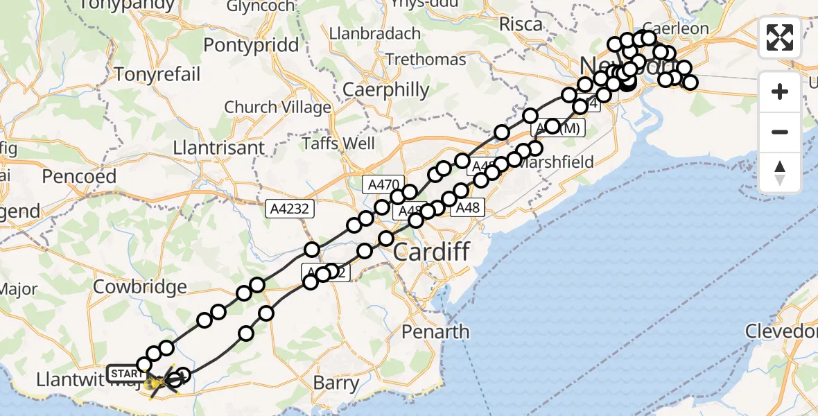 Flight route Police Helicopter Llanmaes - MOD St Athan, 09 August 2026, 18:59