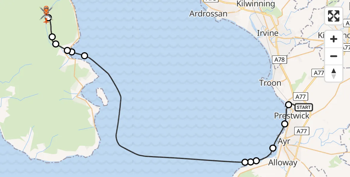 Flight route Coastguard Helicopter Glasgow Prestwick Airport - The Saddle, 09 August 2026, 19:06
