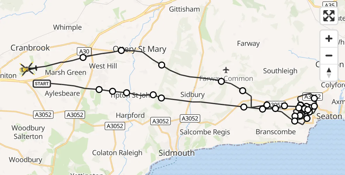 Flight route Police Helicopter Aylesbeare - Exeter International Airport, 09 August 2026, 19:08