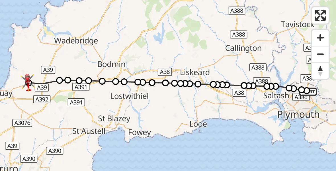 Flight route Air Ambulance Helicopter Derriford Hospital - Cornwall Airport Newquay, 09 August 2026, 19:10