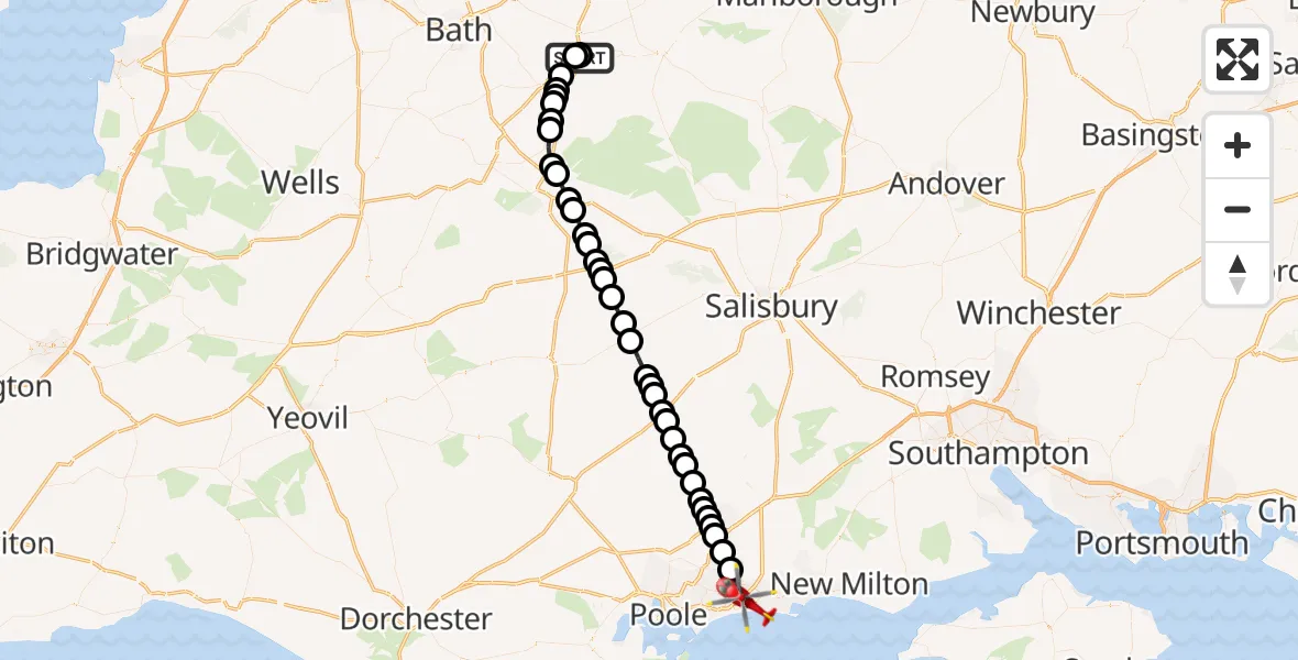 Flight route Air Ambulance Helicopter Wiltshire Air Ambulance - Bournemouth, 09 August 2026, 19:18