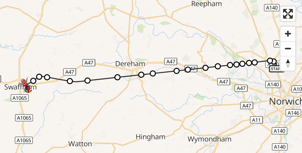 Flight route Air Ambulance Helicopter Norwich Airport - Swaffham, 09 August 2026, 19:23