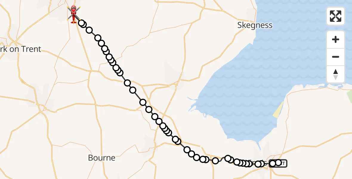 Flight route Air Ambulance Helicopter Queen Elizabeth Hospital - North Kesteven, 09 August 2026, 19:31