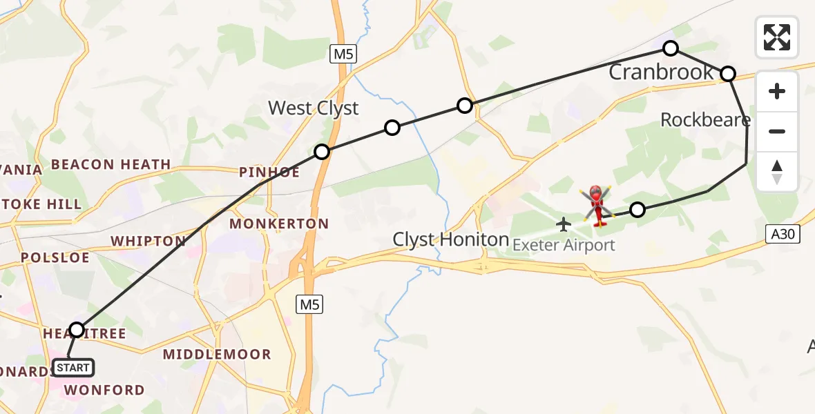 Flight route Air Ambulance Helicopter Royal Devon & Exeter Hospital - Exeter International Airport, 09 August 2026, 19:32