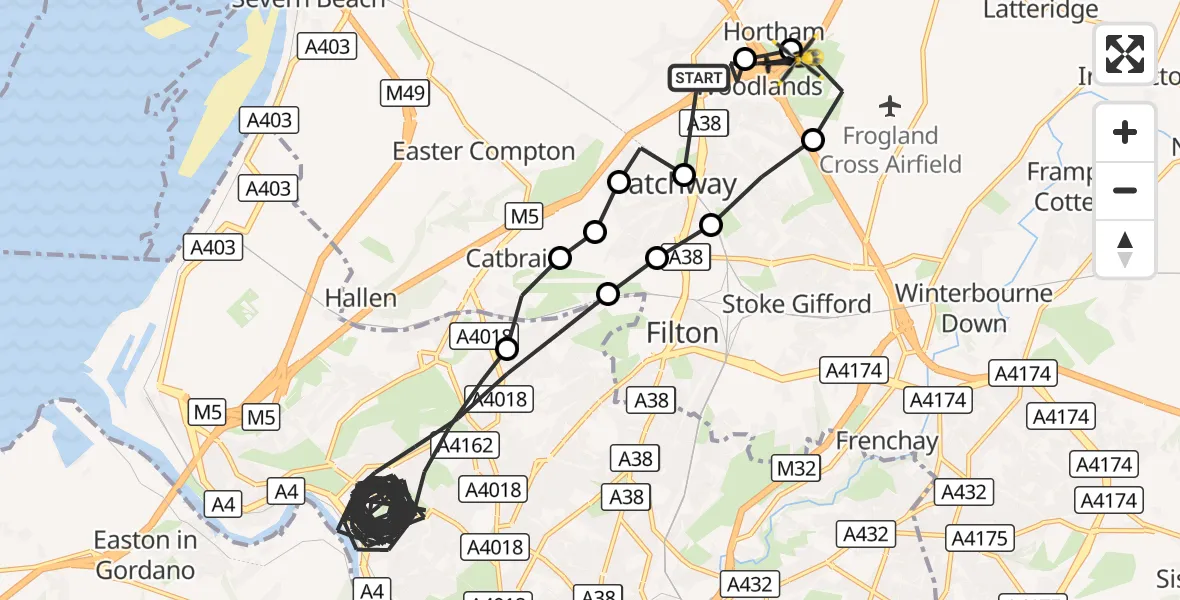 Flight route Police Helicopter Almondsbury - Woodlands, 09 August 2026, 19:33