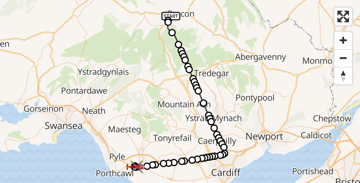 Flight route Air Ambulance Helicopter Llanspyddid - Merthyr Mawr, 09 August 2026, 19:40