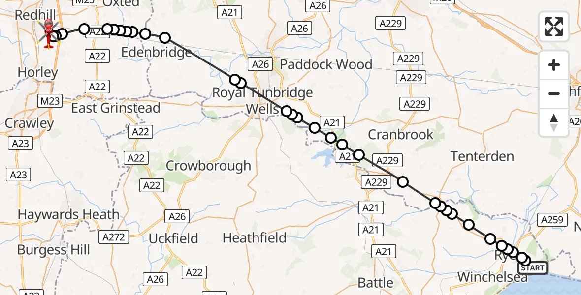 Flight route Air Ambulance Helicopter Camber - Redhill Aerodrome, 09 August 2026, 19:41