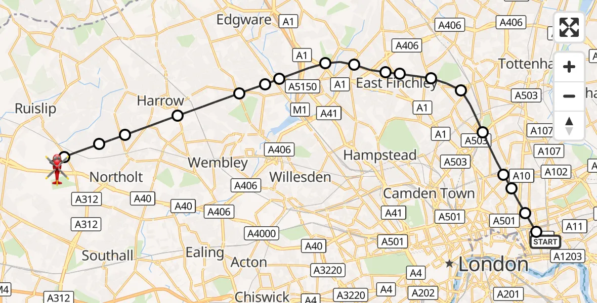 Flight route Air Ambulance Helicopter Royal London Hospital - RAF Northolt, 09 August 2026, 19:44
