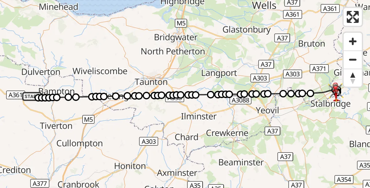 Flight route Air Ambulance Helicopter Oakford - Henstridge Airfield, 09 August 2026, 19:53