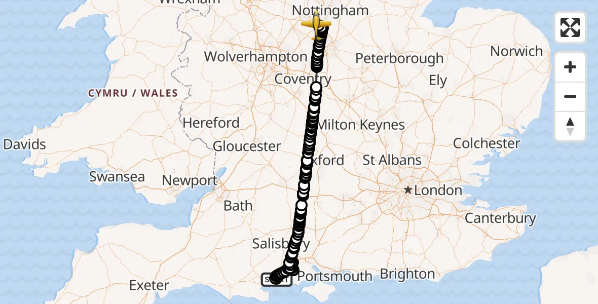 Flight route Police Aircraft Bournemouth Airport - East Midlands Airport, 09 August 2026, 20:01