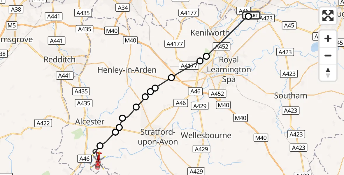 Flight route Air Ambulance Helicopter Coventry Airport - Bidford on Avon CP, 09 August 2026, 20:05