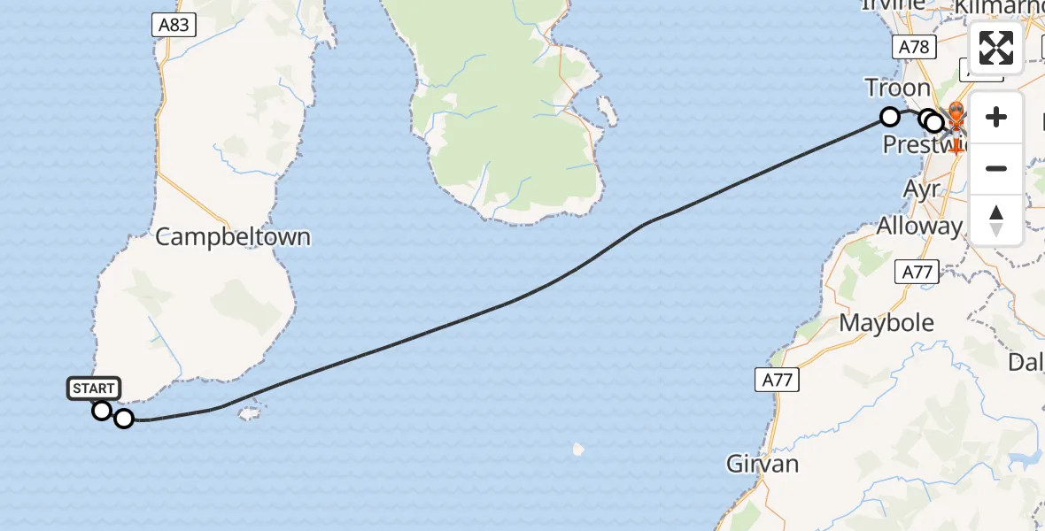 Flight route Coastguard Helicopter Inner Seas - Glasgow Prestwick Airport, 09 August 2026, 20:32