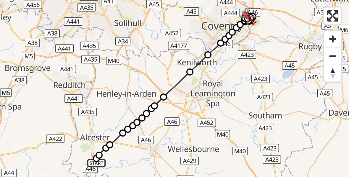Flight route Air Ambulance Helicopter Bidford on Avon CP - University Hospital Coventry, 09 August 2026, 20:34