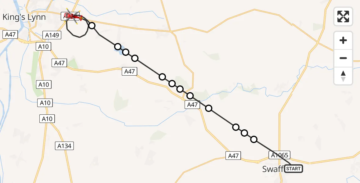 Flight route Air Ambulance Helicopter Swaffham - King's Lynn and West Norfolk, 09 August 2026, 20:38