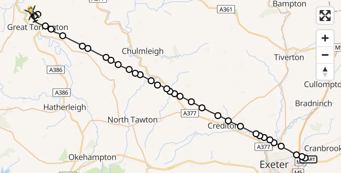 Flight route Police Helicopter Clyst Honiton - Great Torrington, 09 August 2026, 20:57