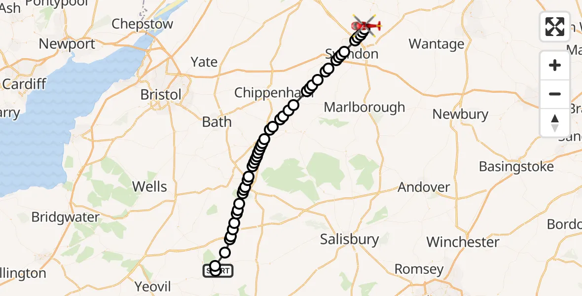 Flight route Air Ambulance Helicopter Henstridge Airfield - Highworth, 09 August 2026, 21:04