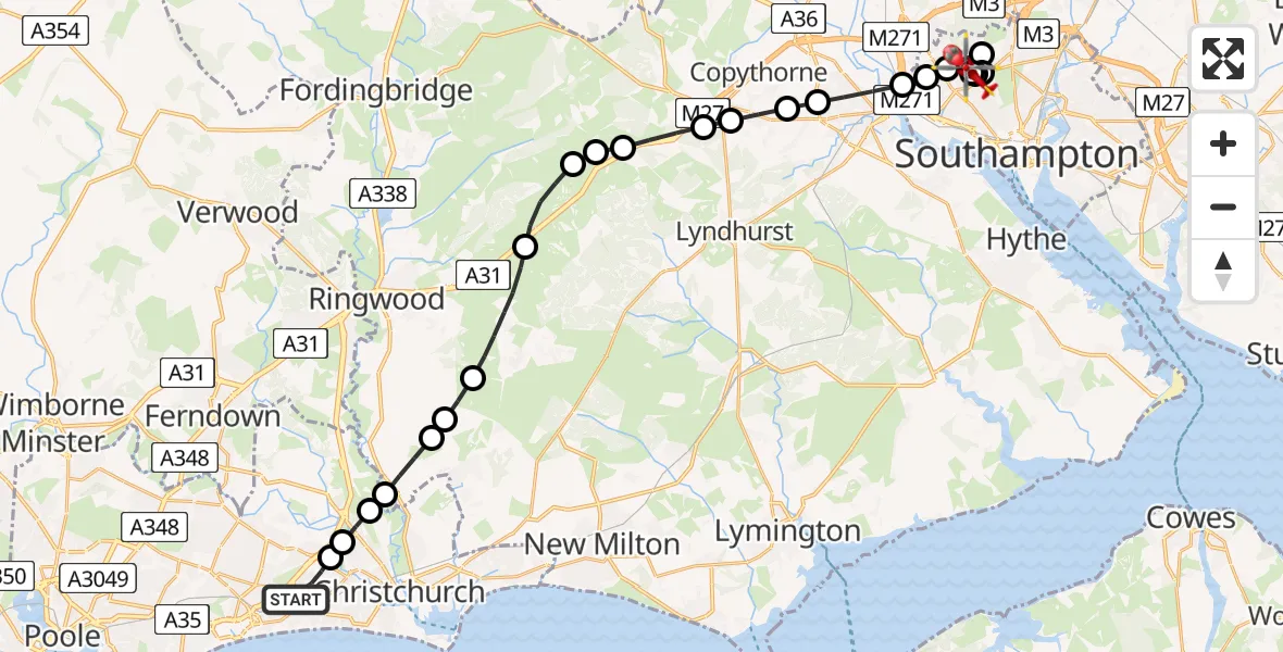 Flight route Air Ambulance Helicopter Bournemouth - University Hospital Southampton, 09 August 2026, 21:04