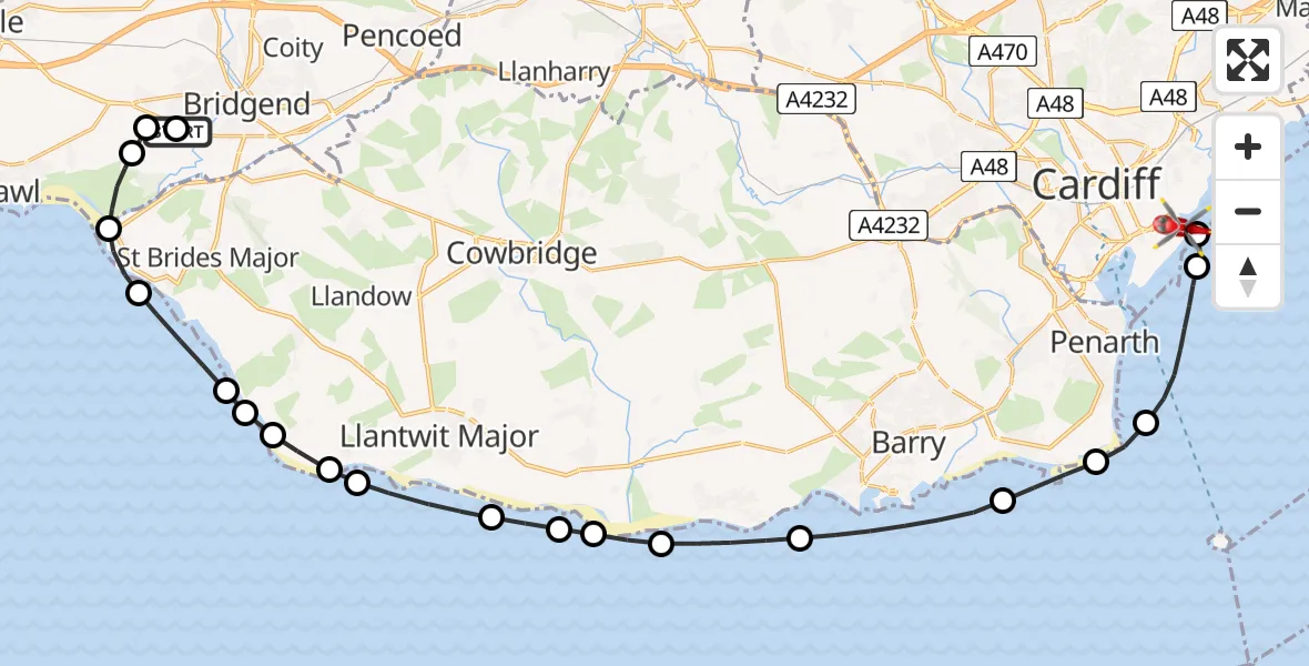 Flight route Air Ambulance Helicopter Broadlands - Cardiff Heliport, 09 August 2026, 21:11