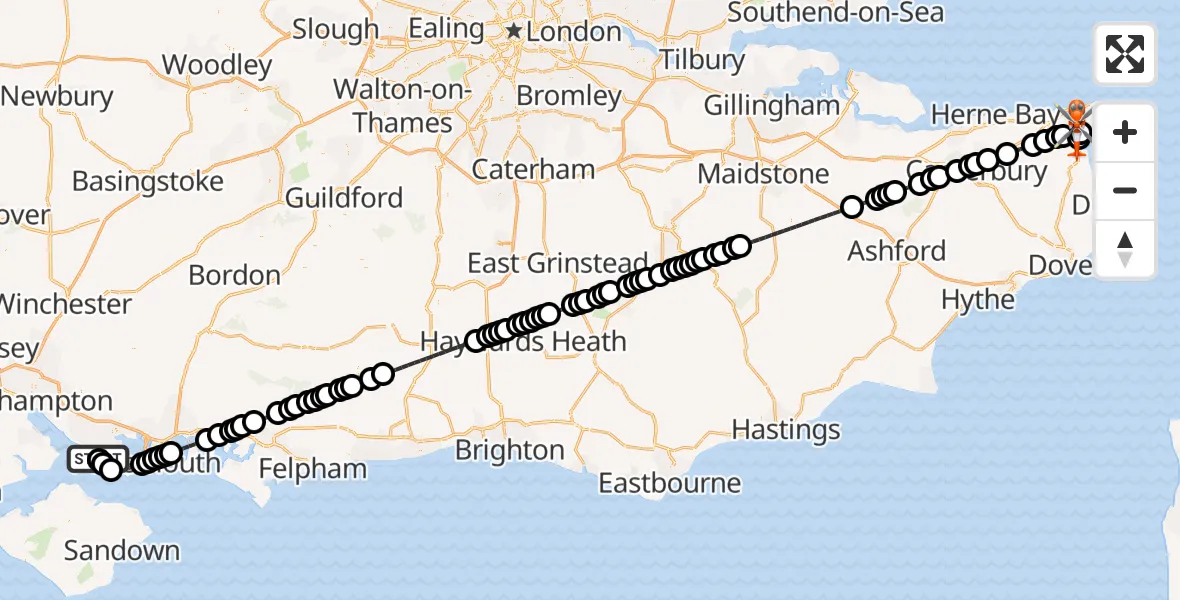 Flight route Coastguard Helicopter Solent Airport - Manston Airport, 09 August 2026, 21:16