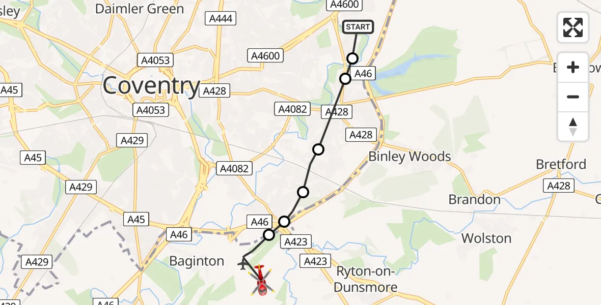 Flight route Air Ambulance Helicopter University Hospital Coventry - Warwick, 09 August 2026, 21:31