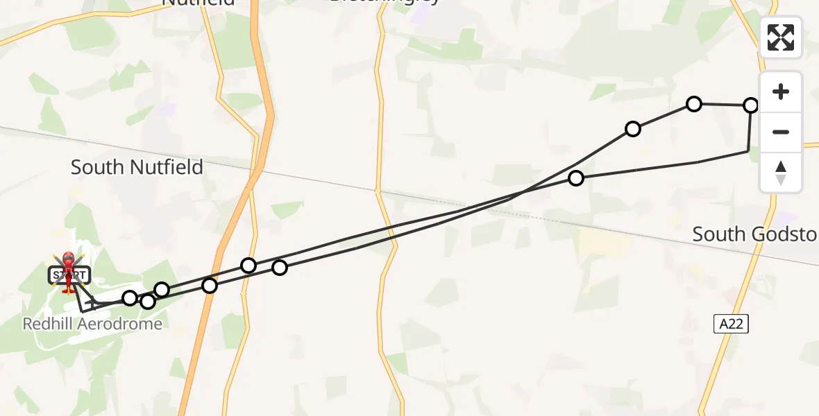 Flight route Air Ambulance Helicopter Redhill Aerodrome - Redhill Aerodrome, 09 August 2026, 21:34